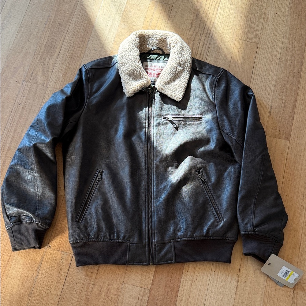 Men's Black Leather Jacket with Cream Collar